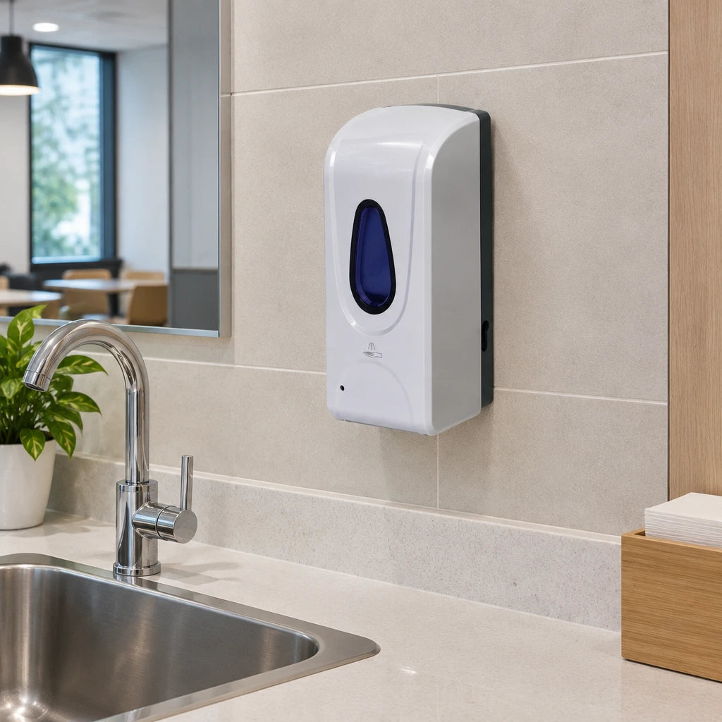Wall-mounted white automatic soap dispenser installed beside a sink in a contemporary office lunchroom