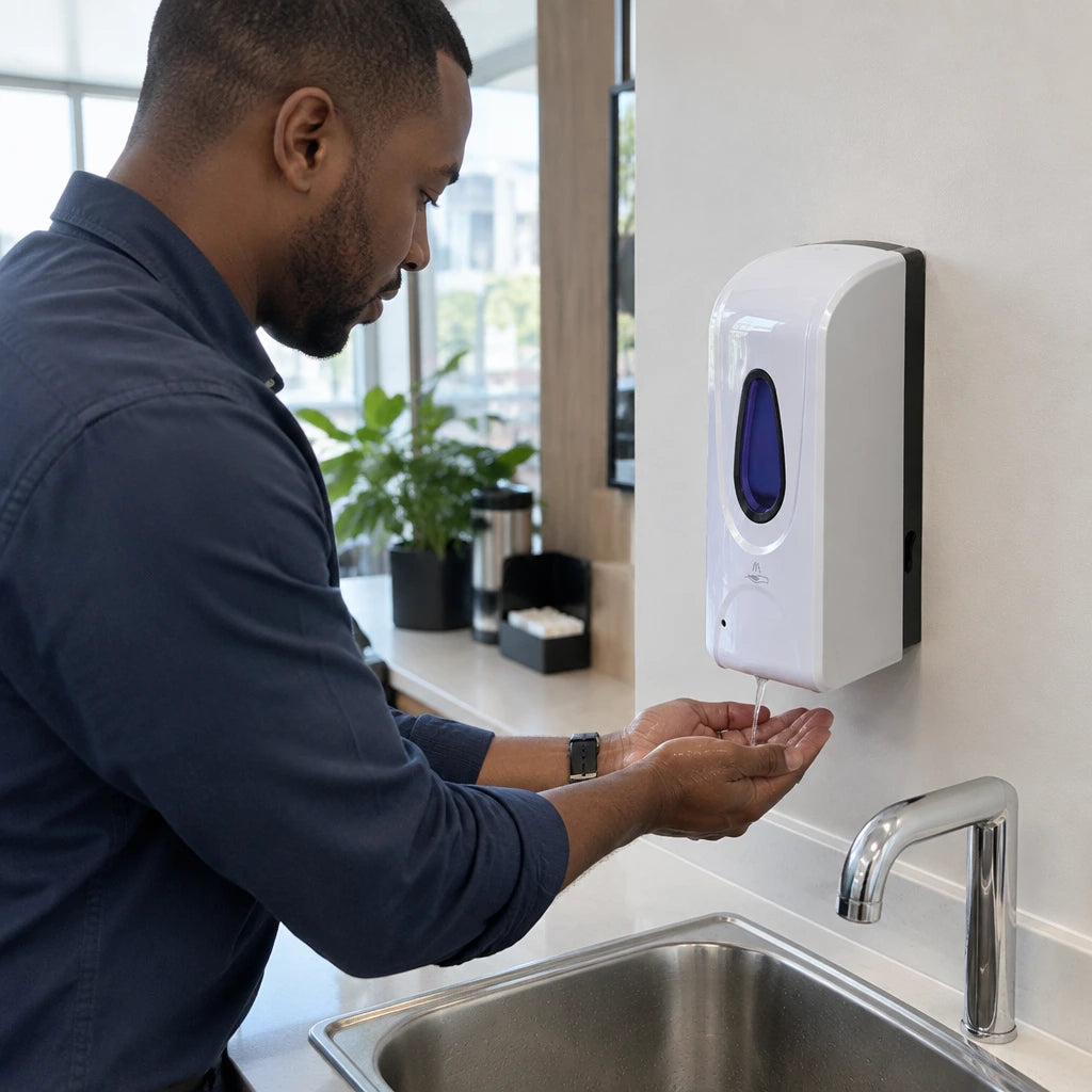 African American office employee receives liquid soap from a wall-mounted automatic dispenser at a lunchroom sink
