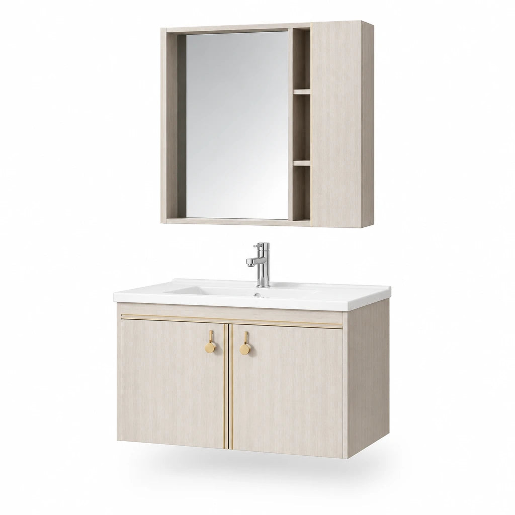 Bathroom Vanity T-9523 wall-mounted cabinet with wash basin and 700mm mirrored storage cabinet on white background
