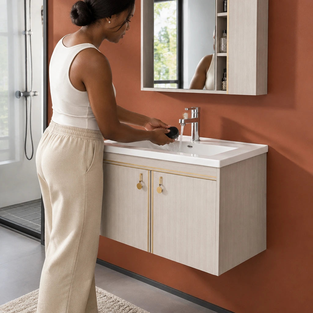 African American adult rinsing a grooming item at the integrated basin of a T-9523 bathroom vanity