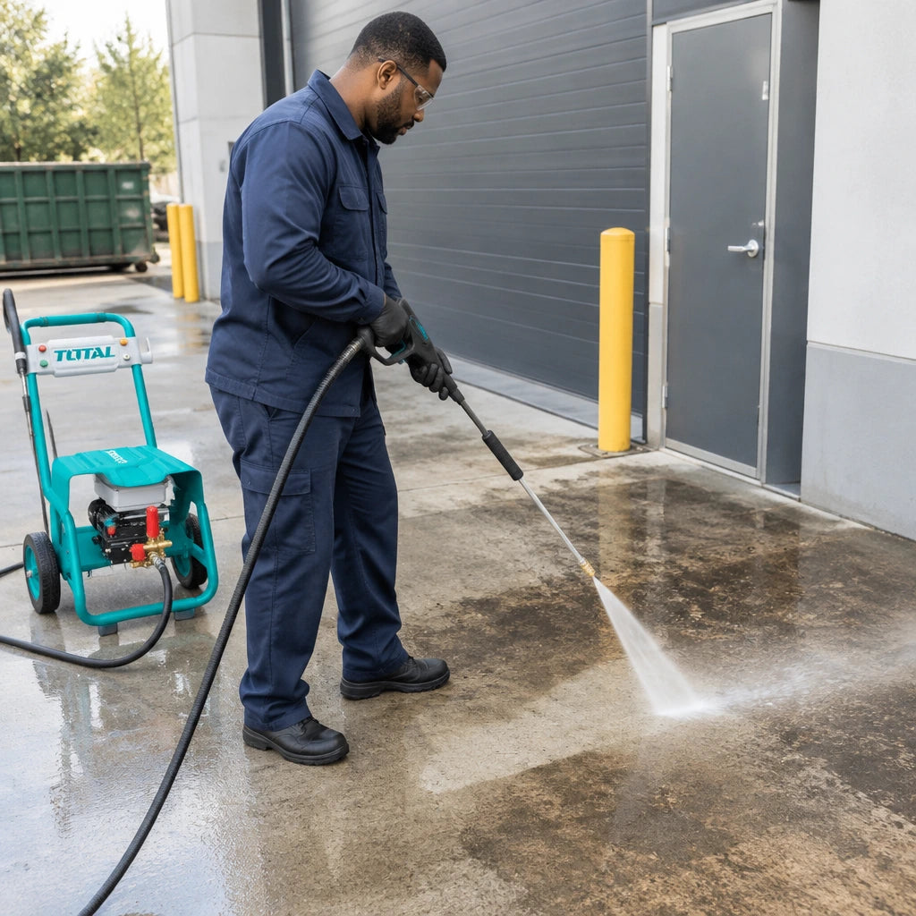 African American facilities worker uses a Total TGT11176 pressure washer to clean a dirty commercial concrete entrance