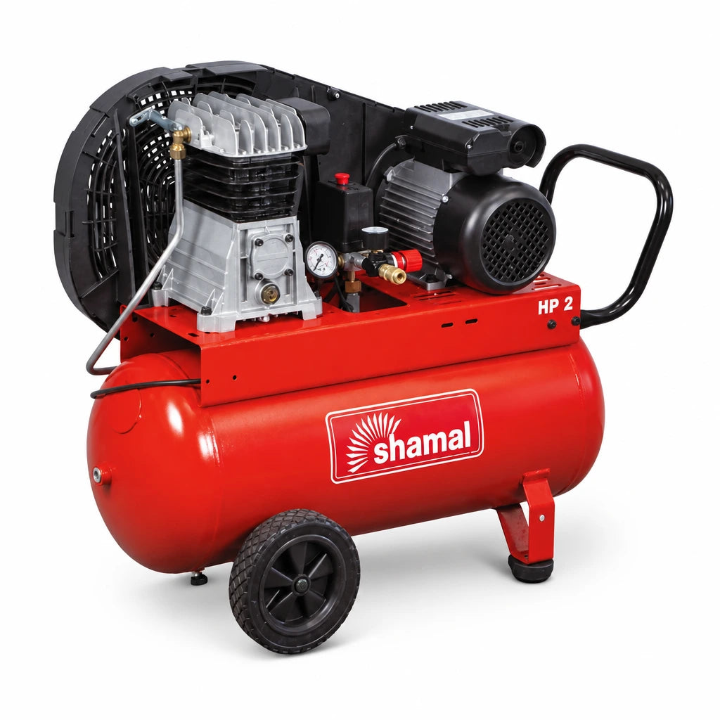Shamal SB28/100 red 100-litre electric air compressor with exposed pump, motor, gauge and wheels on a white background