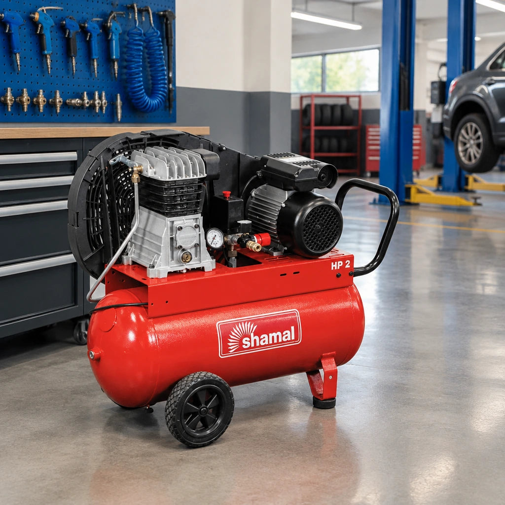 Shamal red wheeled air compressor parked in an organised professional automotive service bay