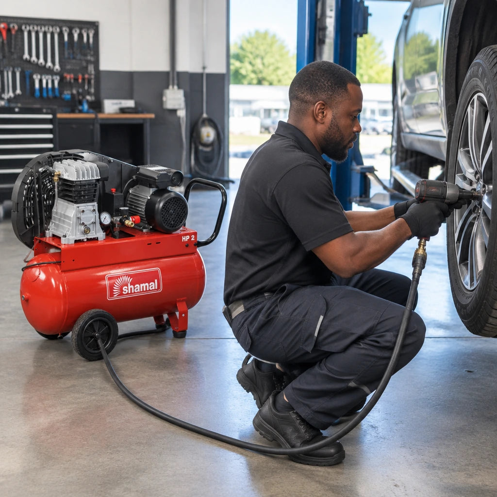 African American automotive technician using a pneumatic impact wrench connected to a Shamal air compressor at a workshop wheel