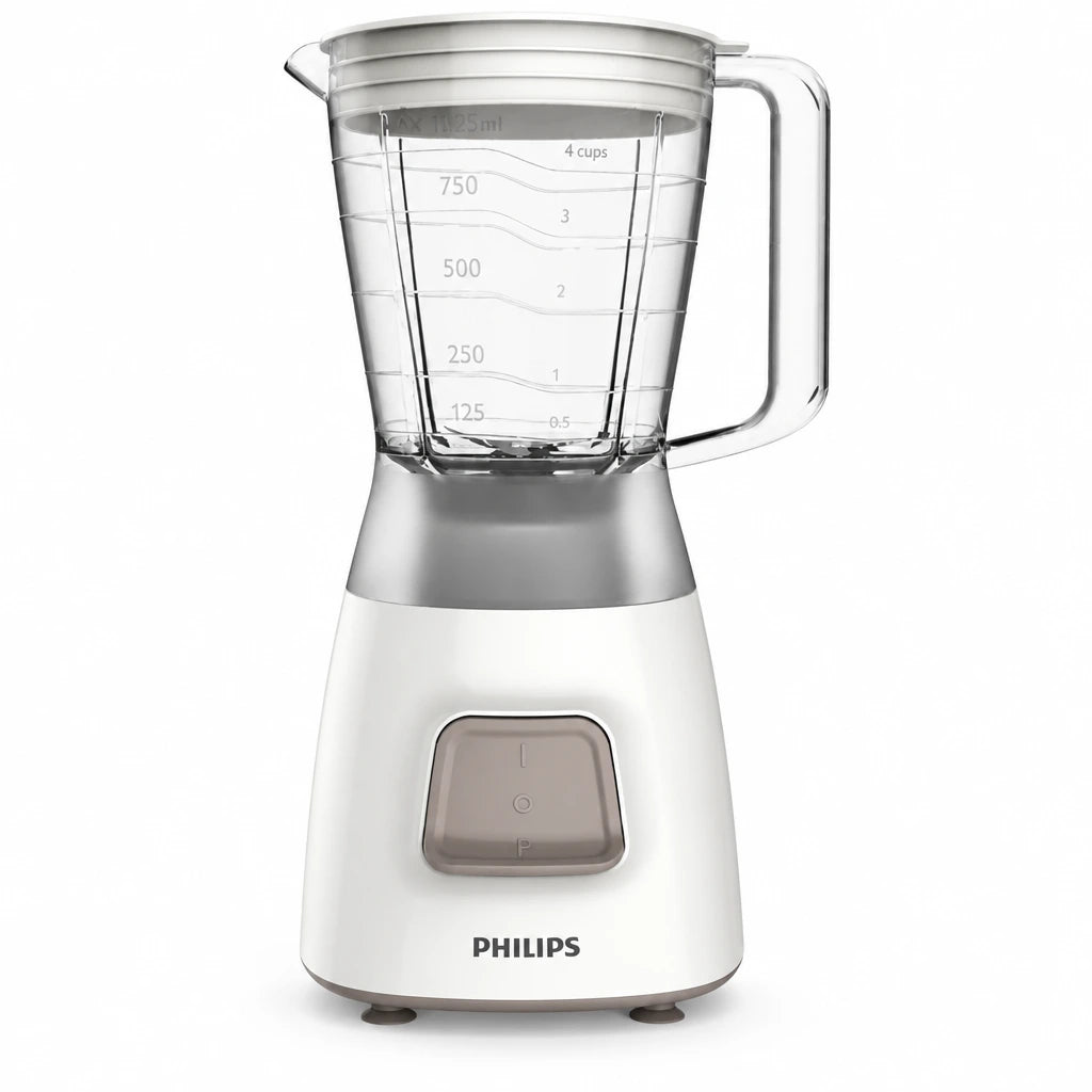 Philips HR2058 white and silver 1.25L stand blender with transparent jug on a white background
