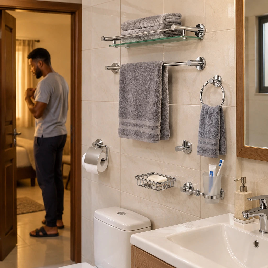 Organized Ghanaian home bathroom featuring the installed Nate BR chrome accessory set with towels and toiletries neatly arranged