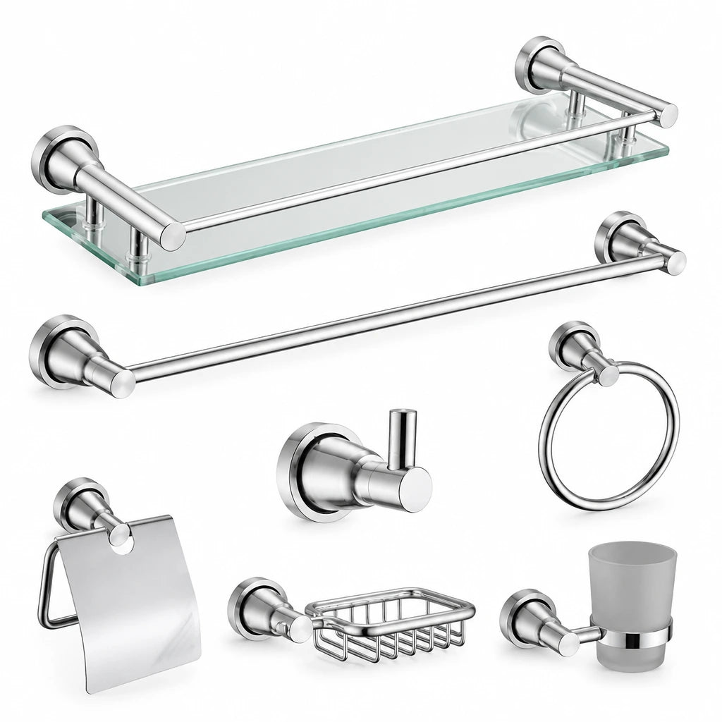 Nate BR chrome bathroom accessory set with glass shelf, towel rail, robe hook, towel ring, toilet paper holder, soap basket and tumbler holder on white