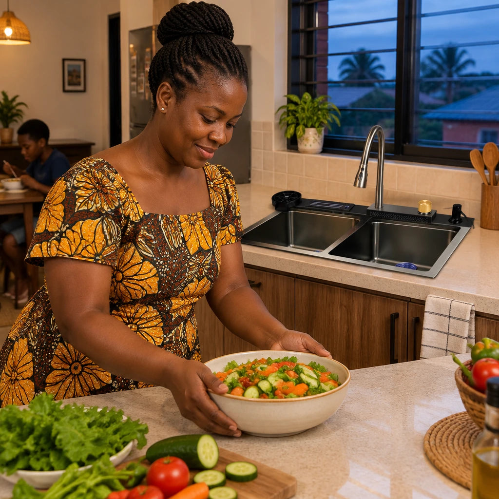 Finished meal preparation beside a clean Nate BR double bowl kitchen sink in a Ghanaian home