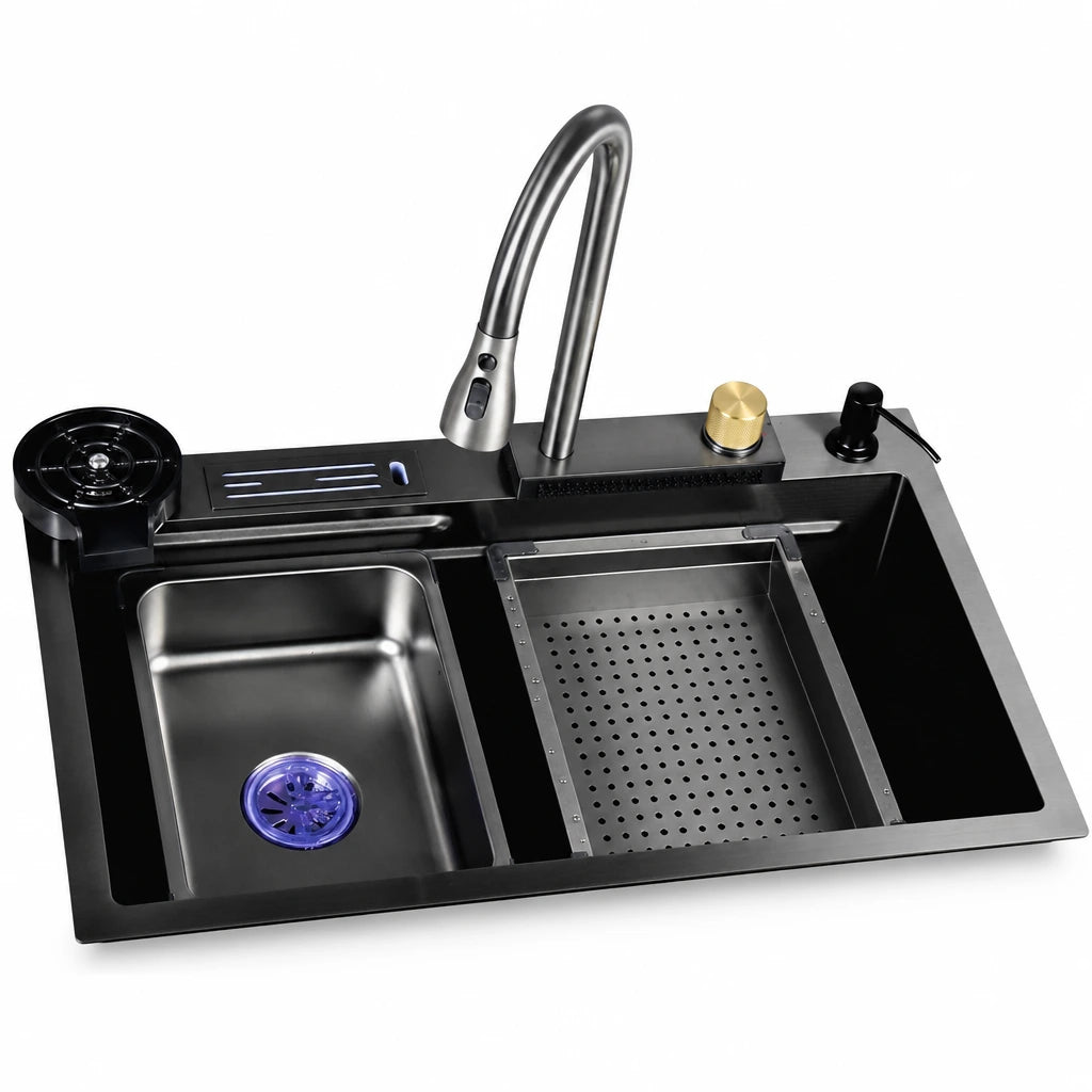 Nate BR RS-9992-GM dark double bowl drop-in kitchen sink with visible accessories on a white background