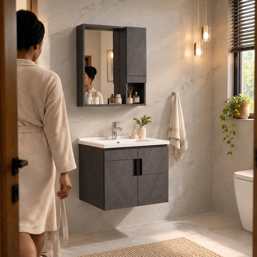 Organised contemporary bathroom featuring the completed WK-K-9147 wall-mounted vanity with mirror