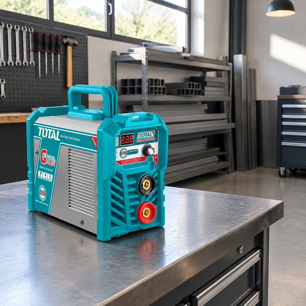 Total TW218028 inverter MMA welding machine resting on a steel workbench in an organized fabrication workshop