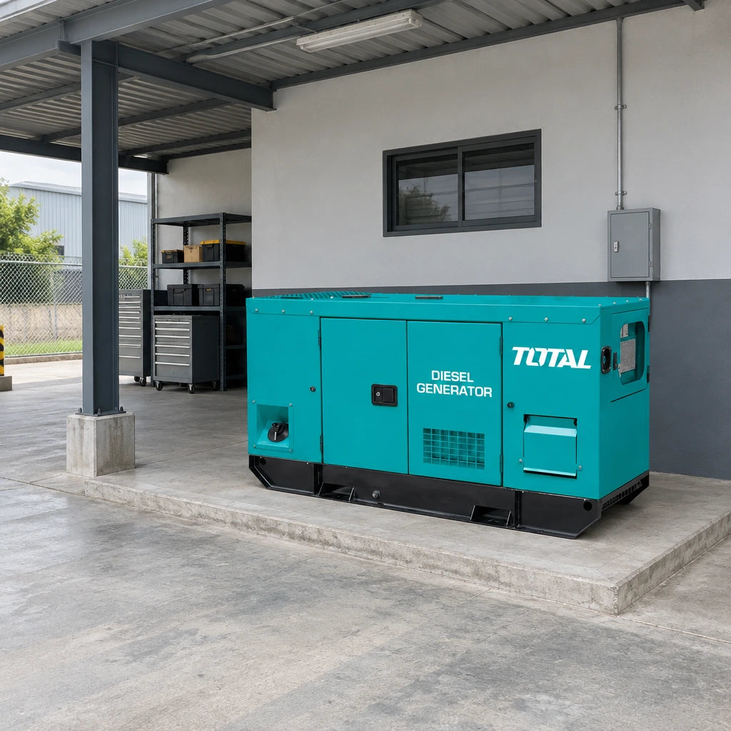 Total turquoise silent diesel generator parked on a concrete equipment pad in a covered workshop bay