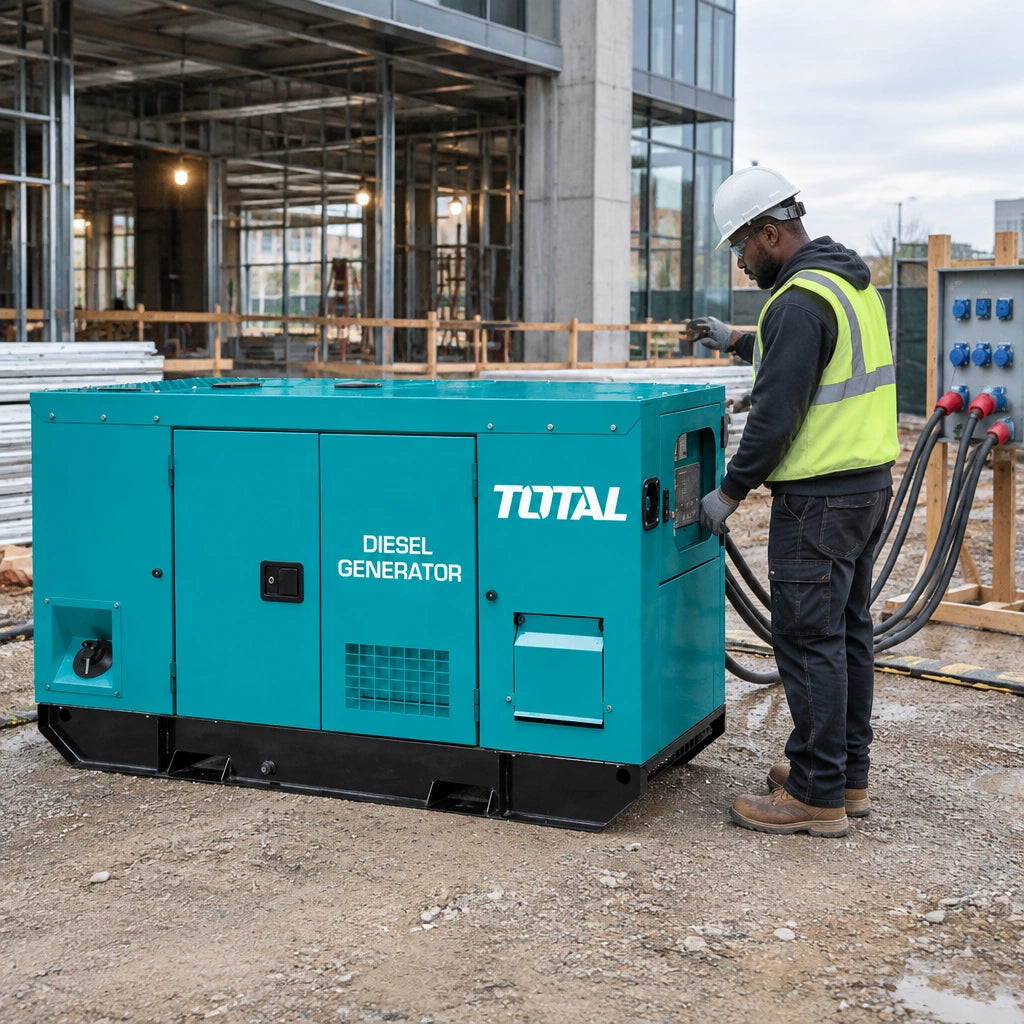 Electrician checking a Total TP2150K3 silent diesel generator powering a commercial construction site