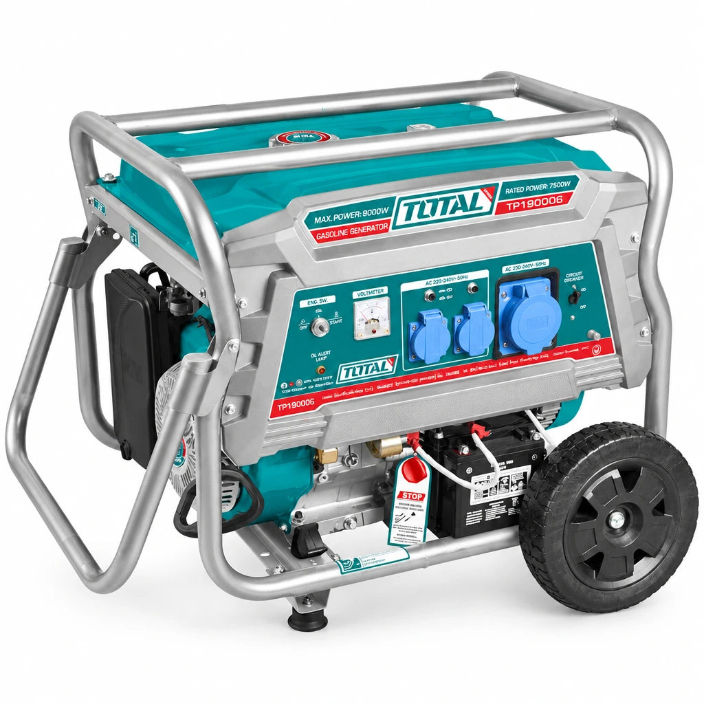 Total TP190006 7.5 kW gasoline generator with turquoise body, silver frame and front control panel on a white background.