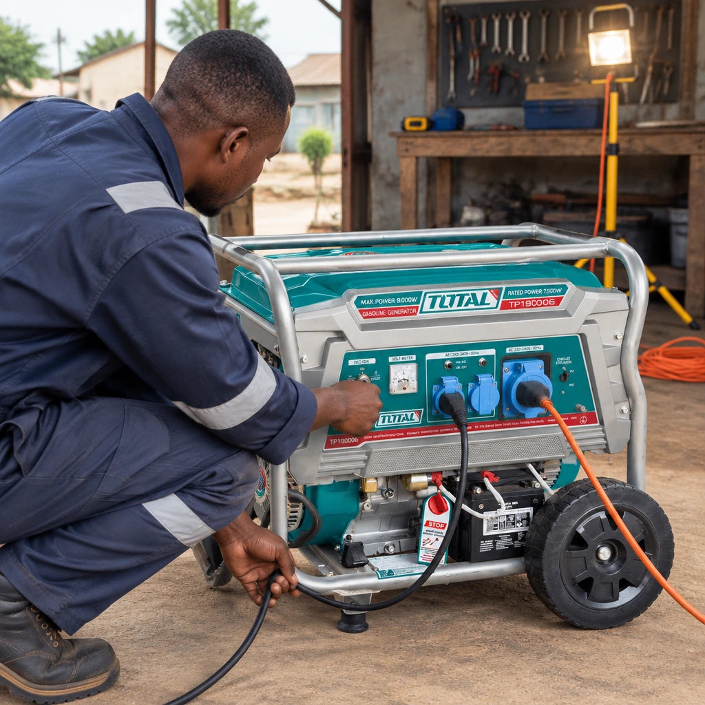 Ghanaian technician starting a Total TP190006 gasoline generator to supply power to a workshop repair job.