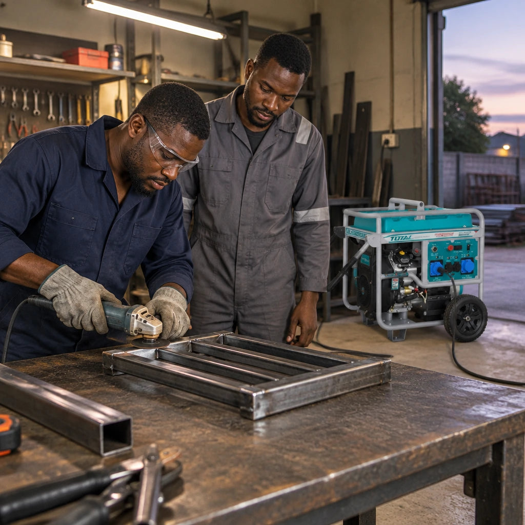 Ghanaian workshop tradespeople completing metalwork under powered lights with a Total TP1150006 generator visible behind them