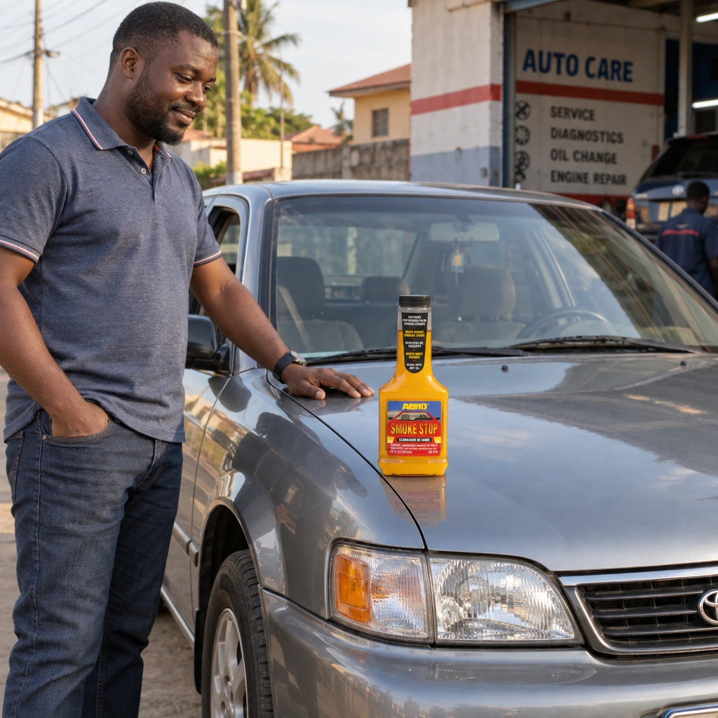 Car owner beside a serviced older sedan with Abro SS-510 Smoke Stop oil treatment visible on the fender