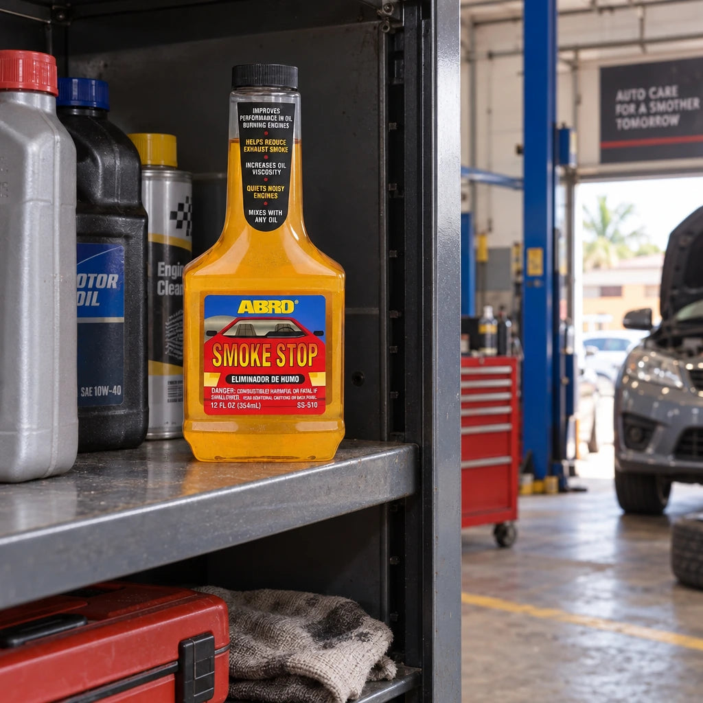 Capped Abro SS-510 Smoke Stop oil treatment stored on an auto workshop service cabinet beside a parked vehicle