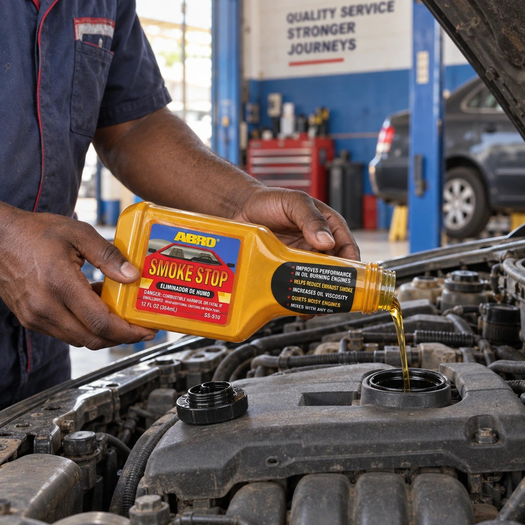 Ghanaian mechanic pouring Abro SS-510 Smoke Stop oil treatment into a car engine oil filler