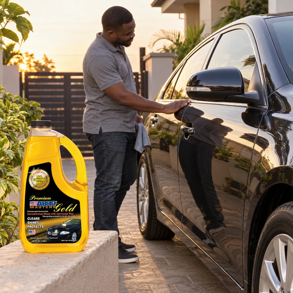 Clean car with a natural shine after washing, with an Abro Premium Gold Car Wash bottle on a nearby wall