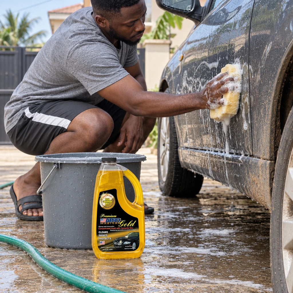 Ghanaian car owner washing a dusty car with a sponge beside an Abro Premium Gold Car Wash bottle
