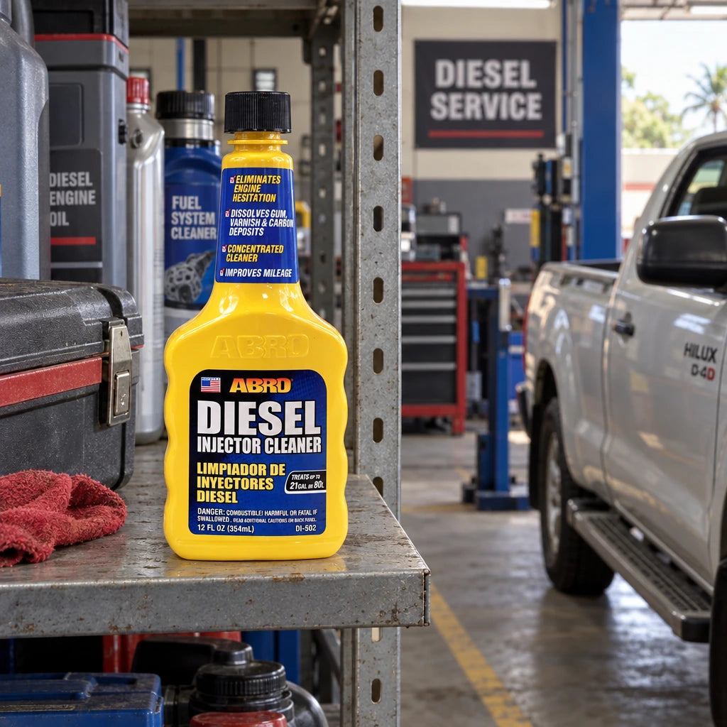 Abro Diesel Injector Cleaner bottle stored upright on a service shelf beside a parked diesel pickup in a Ghanaian auto workshop
