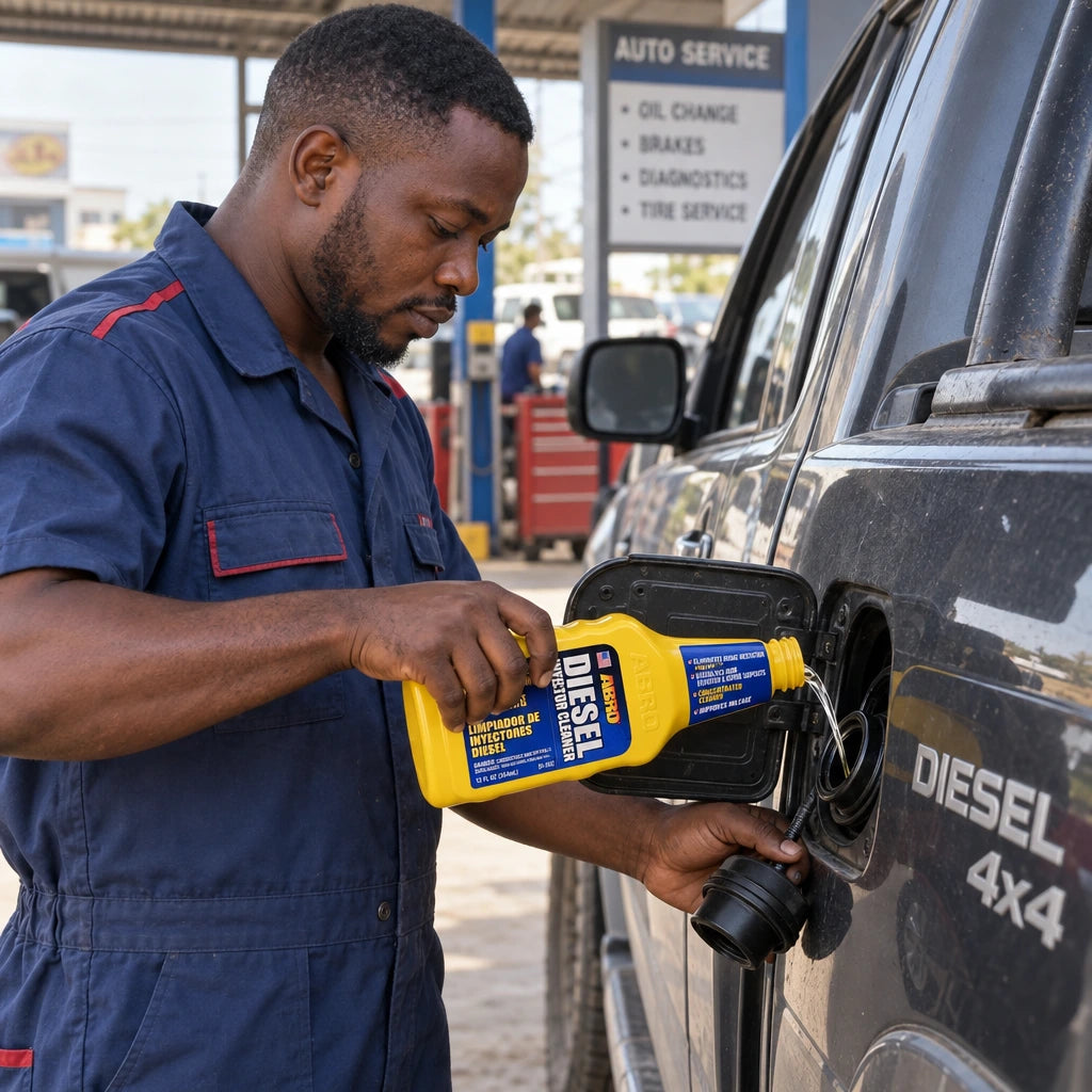 Mechanic pouring Abro Diesel Injector Cleaner into the fuel filler of a diesel pickup during routine service
