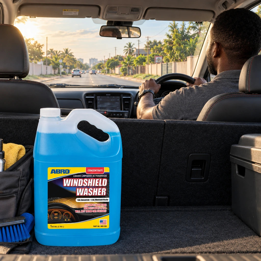 Driver enjoying a clear windshield and open road with an Abro washer concentrate jug in the car boot