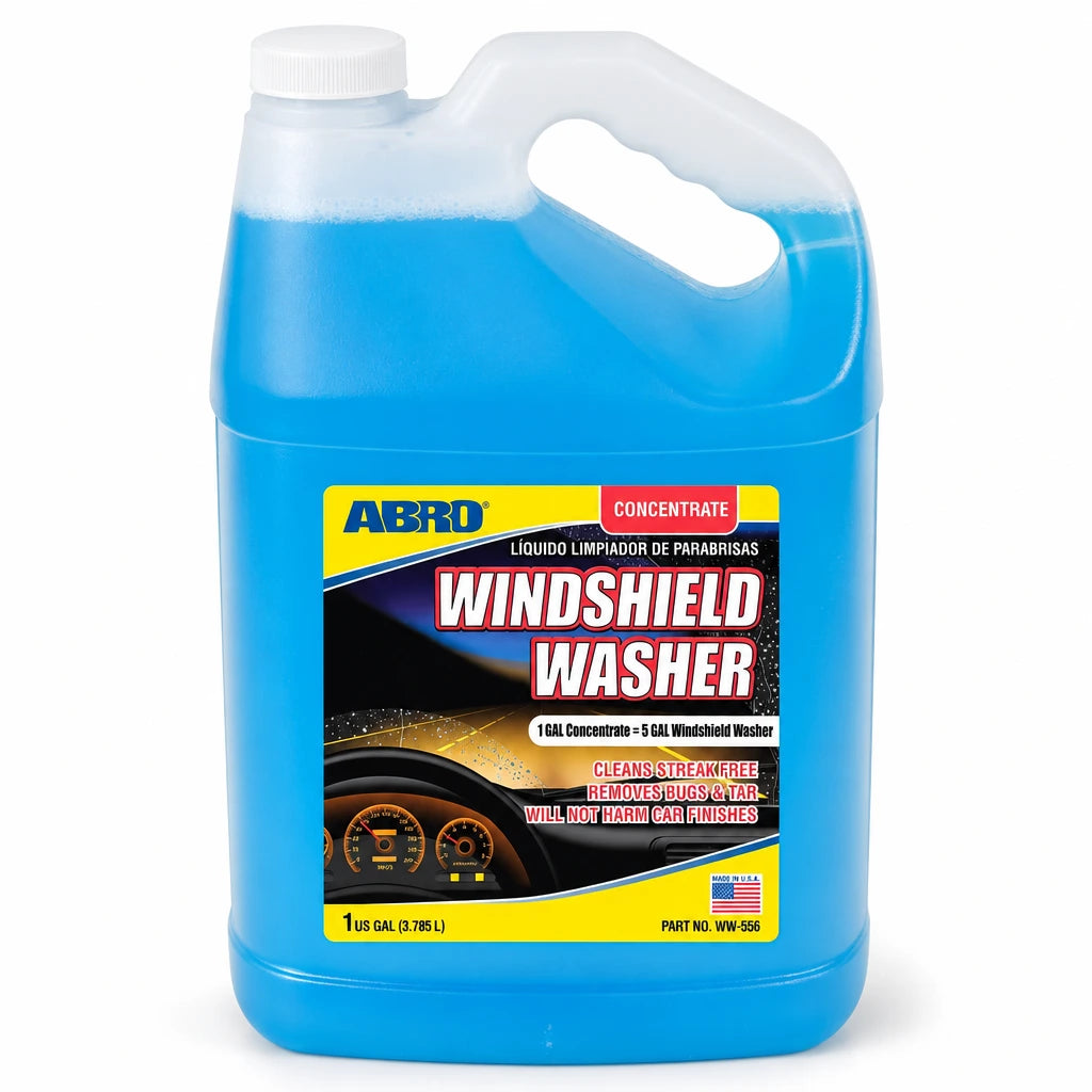 Abro blue windshield washer concentrate jug with white cap and front label on a clean white background