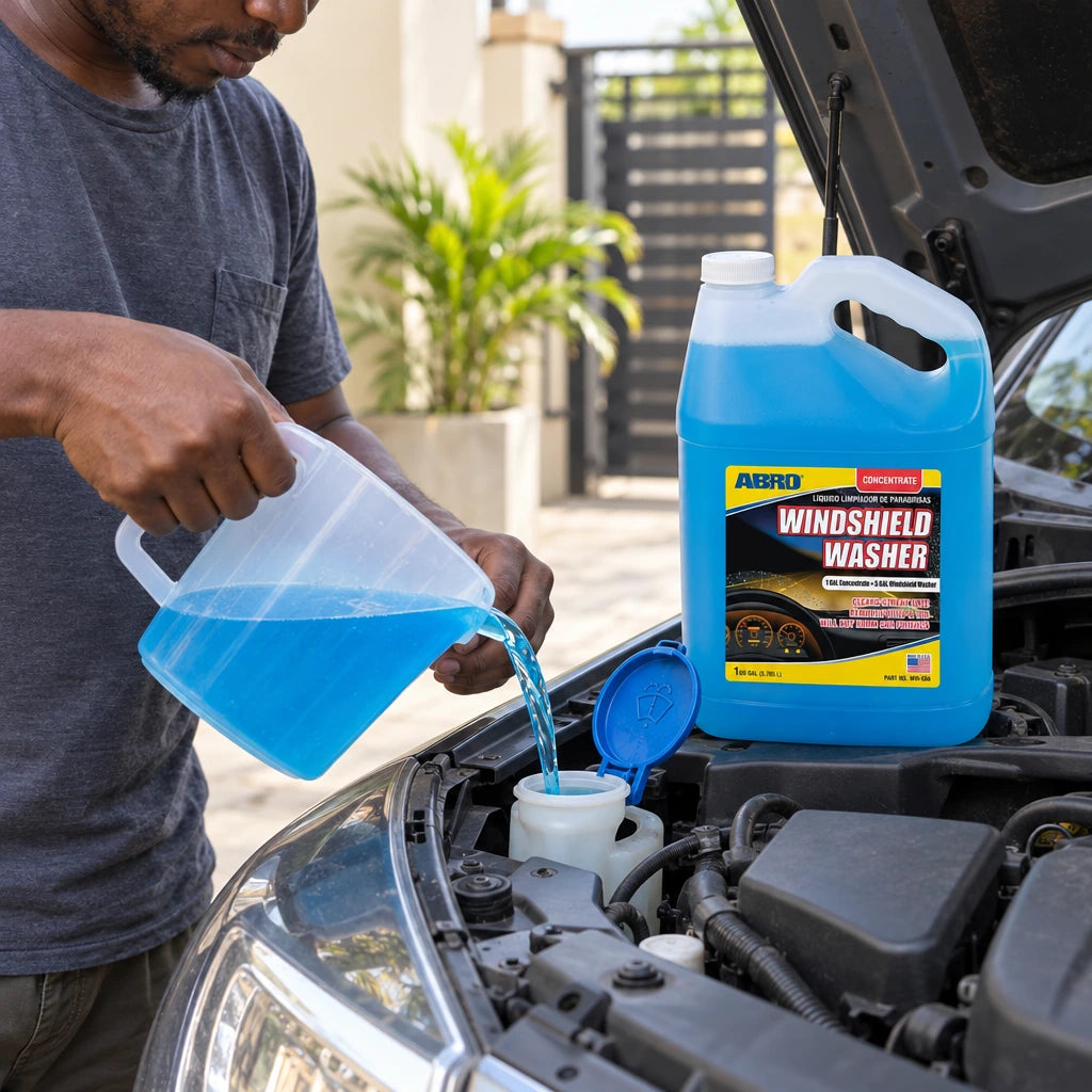 Ghanaian car owner pouring diluted blue washer fluid into a vehicle reservoir beside an Abro concentrate jug