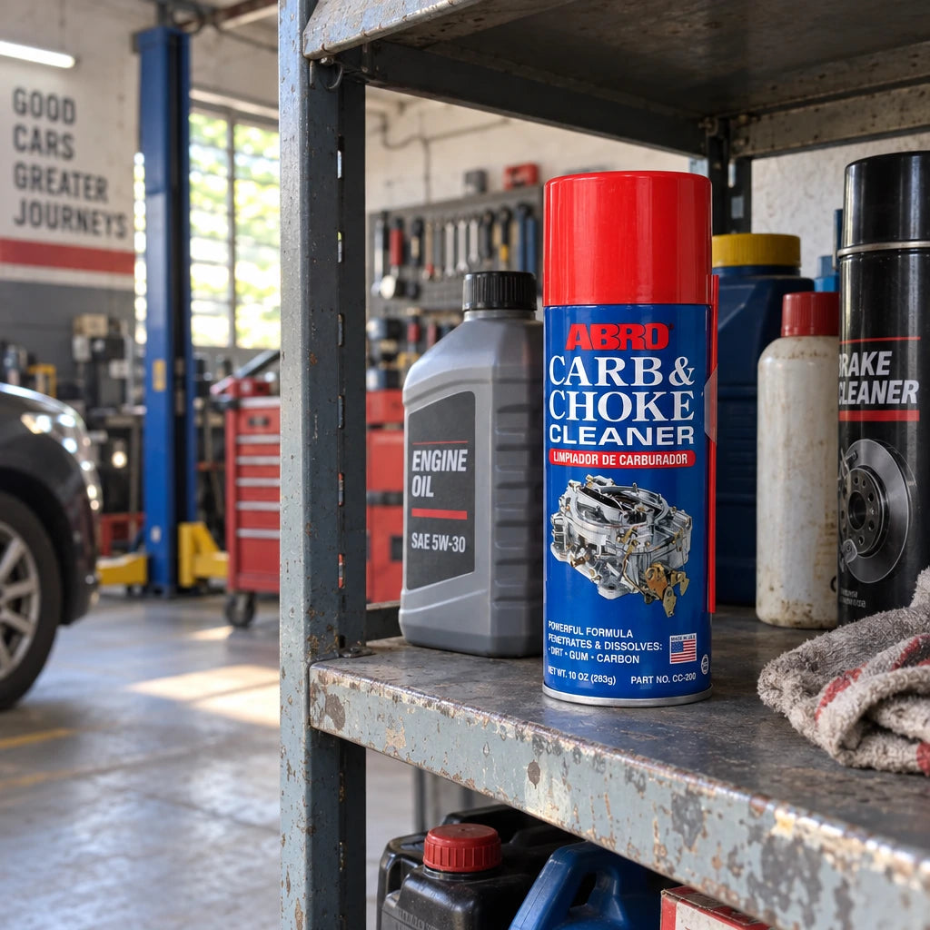 Capped Abro Carb and Choke Cleaner can stored upright on a shelf in a Ghanaian auto workshop