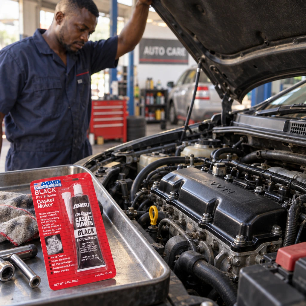 Completed automotive valve-cover repair with Abro Black RTV Silicone Gasket Maker visible on a workshop service tray.
