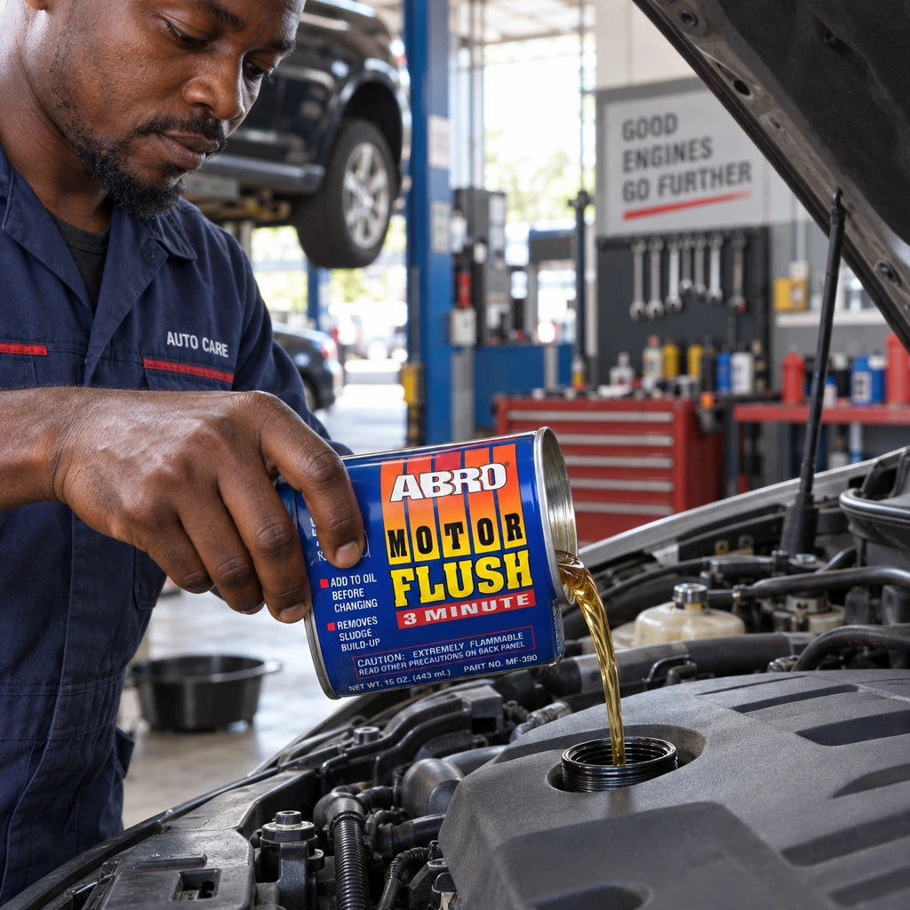 Ghanaian mechanic pouring Abro MF-390 Motor Flush into a vehicle engine before an oil change