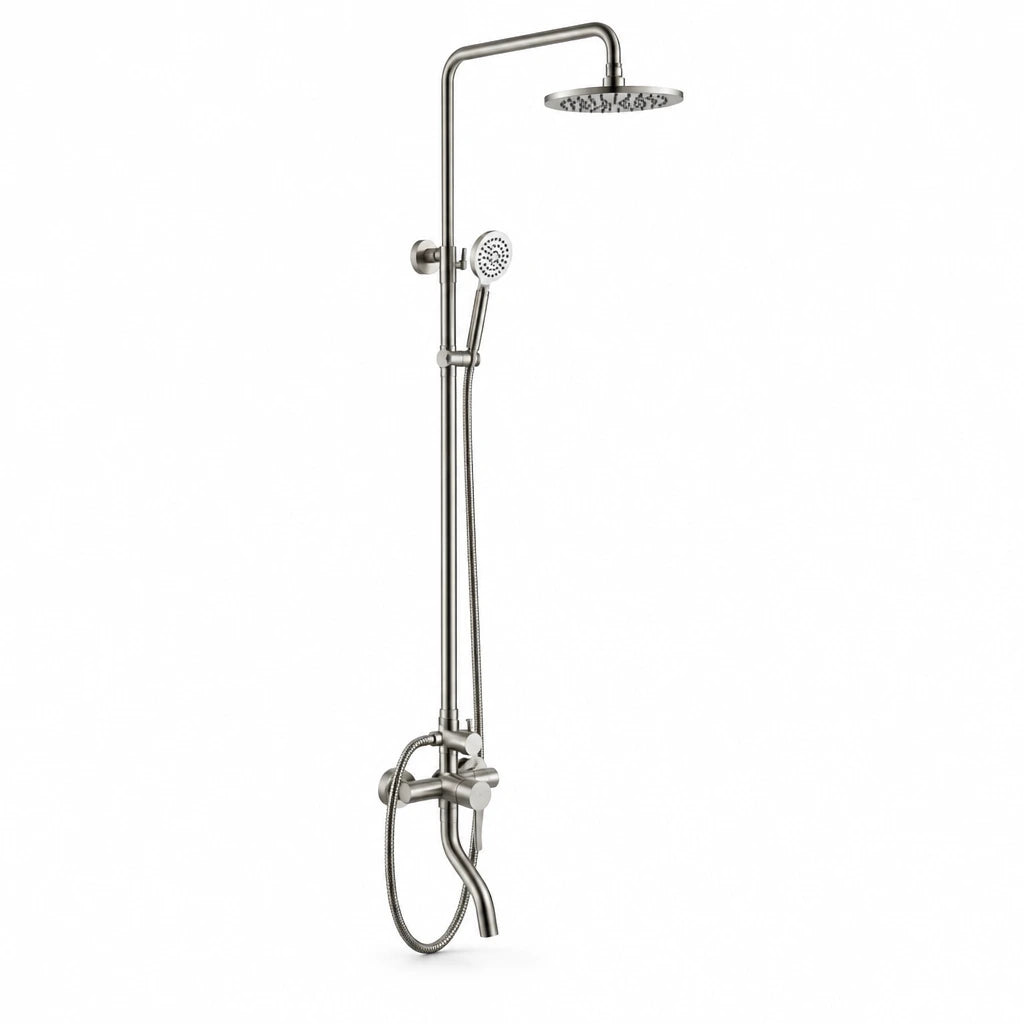 MaxTen ST60-304 satin nickel stainless steel 3-in-1 hot and cold mixer shower set on a white background