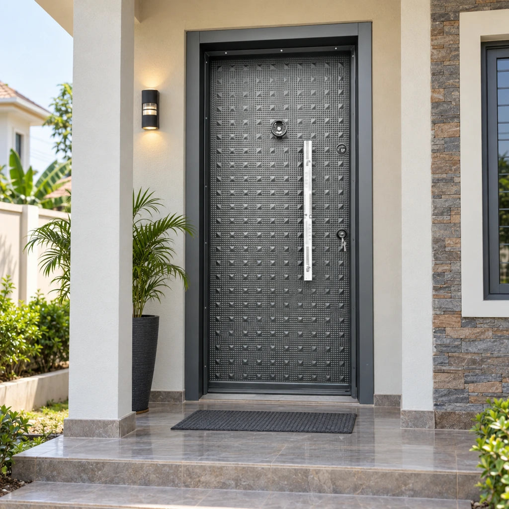 Closed Fort Door graphite-grey full-metal security entrance door installed in the finished entrance of a Ghanaian home