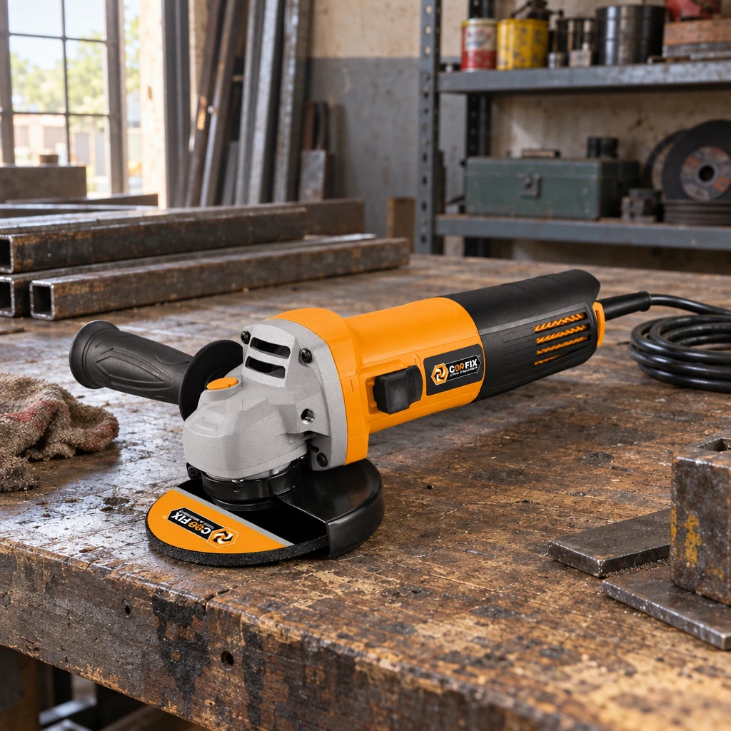 Coofix orange and black corded angle grinder resting on a wooden workbench in a metal workshop