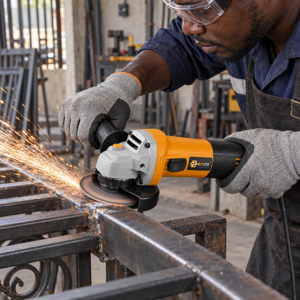 Ghanaian metalworker using a Coofix corded angle grinder to smooth a weld on a steel gate frame