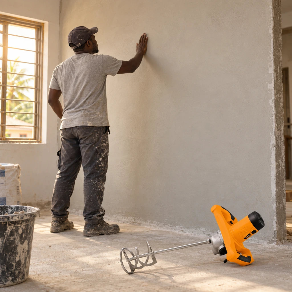 Freshly plastered home wall inspected beside a resting Coofix electric mortar mixer