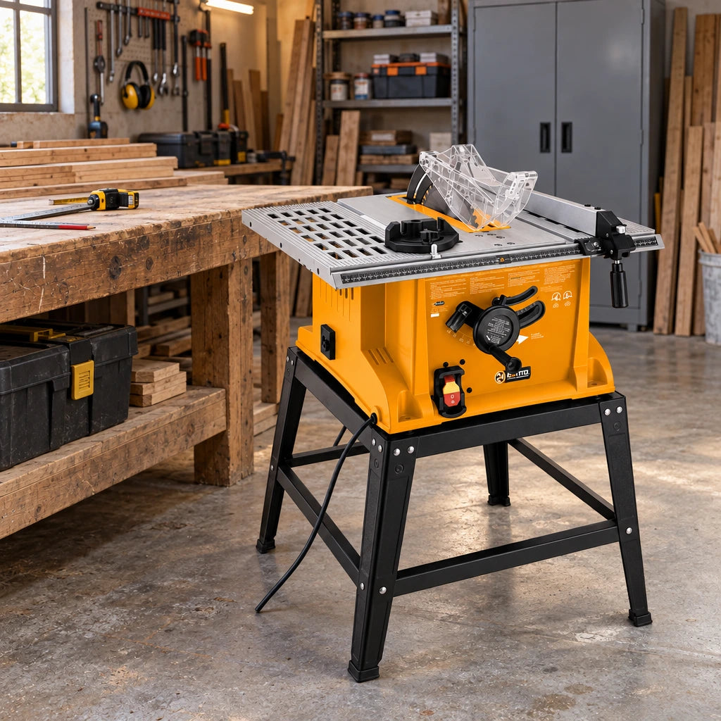 Coofix 10-inch electric table saw parked beside a timber workbench in a carpentry workshop