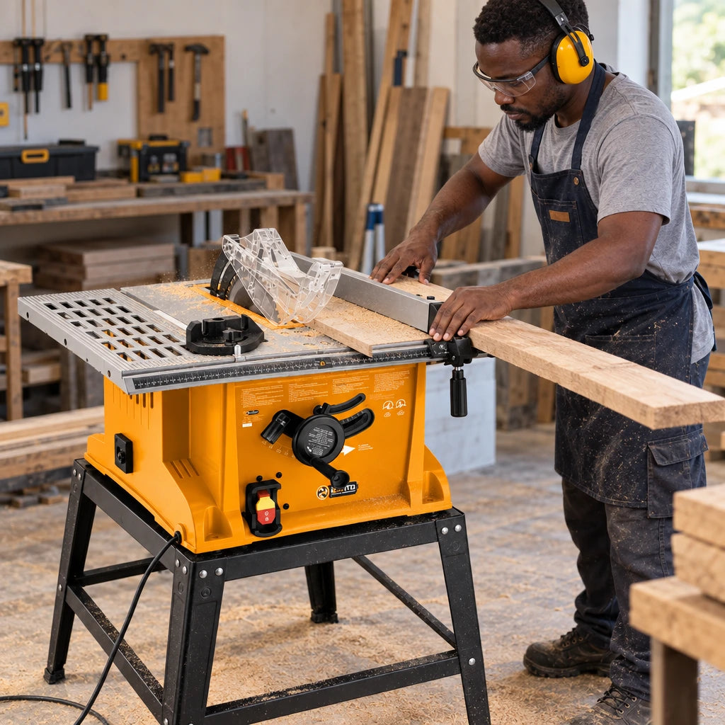 Ghanaian carpenter guiding timber through a Coofix 10-inch electric table saw in a workshop