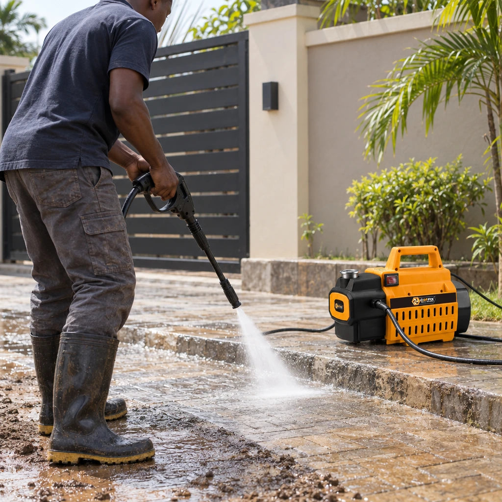 Ghanaian worker pressure-washing muddy courtyard paving with a Coofix 90 bar washer