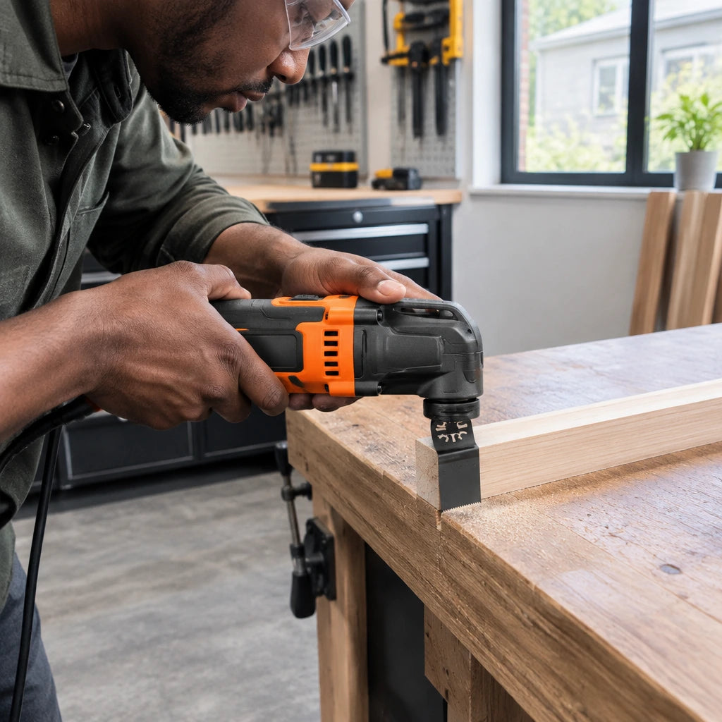 African American adult using a compatible oscillating multi-tool with a Coofix bi-metal blade to trim timber