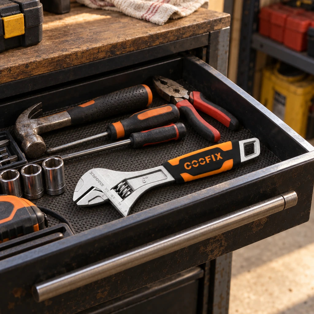 Coofix 6-inch adjustable wrench resting in an open workshop tool drawer