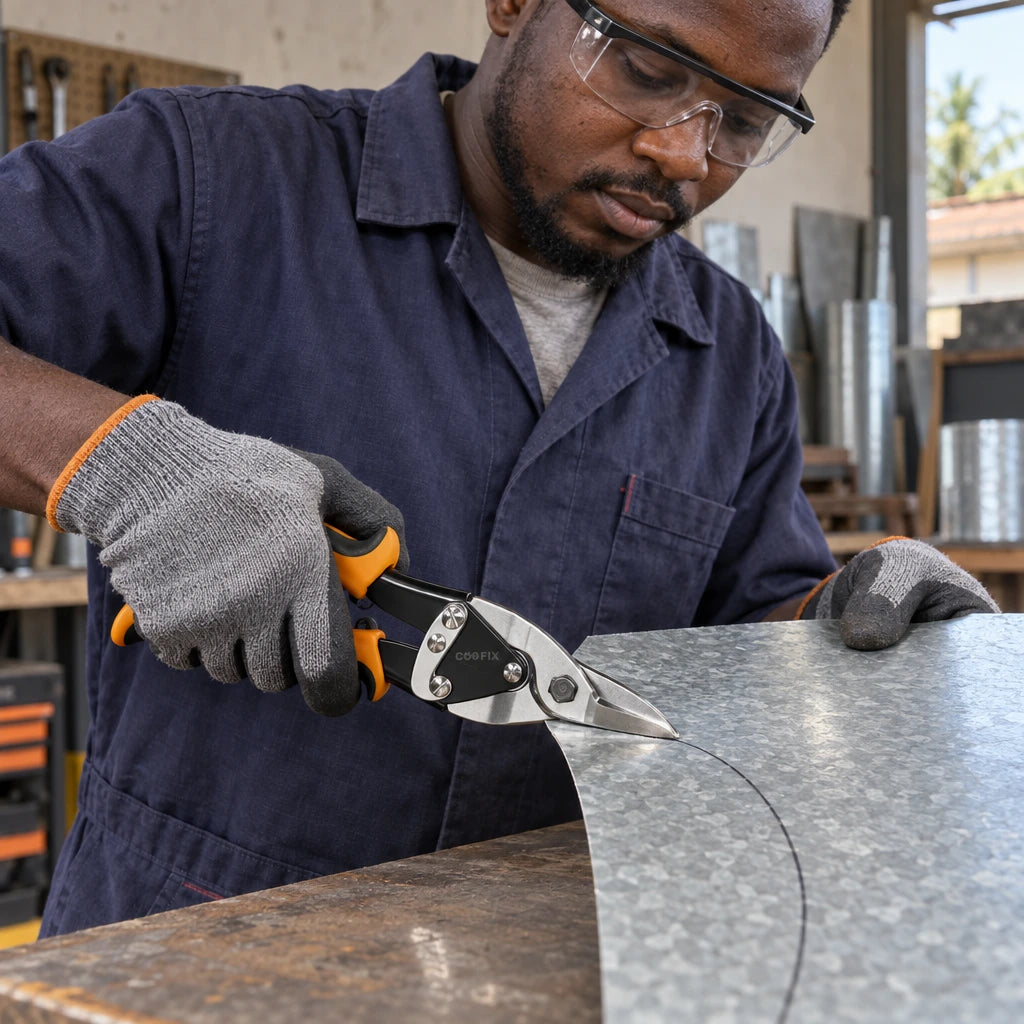 Ghanaian metalworker using Coofix right-cut aviation snips to cut a curved line in galvanized sheet metal