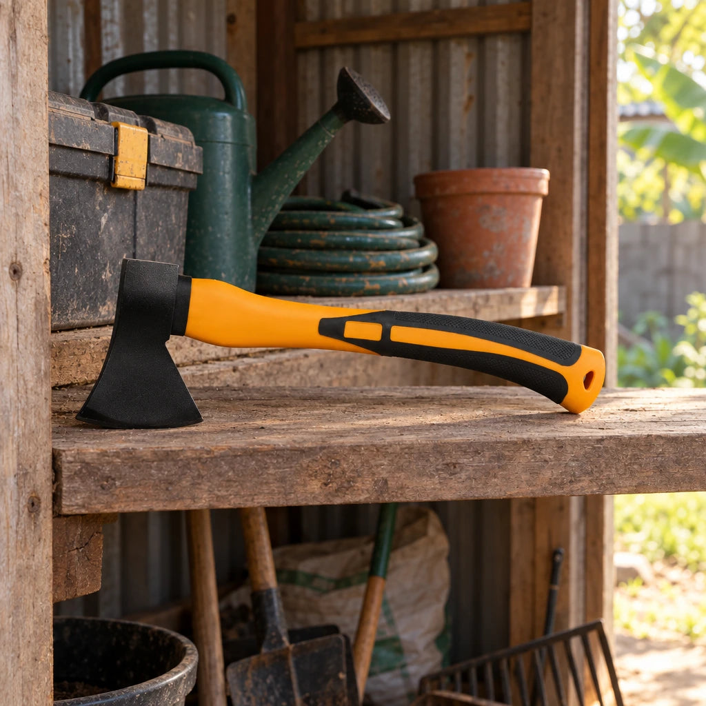 Coofix two-tone handled axe resting on a wooden tool shelf in an outdoor storage shed