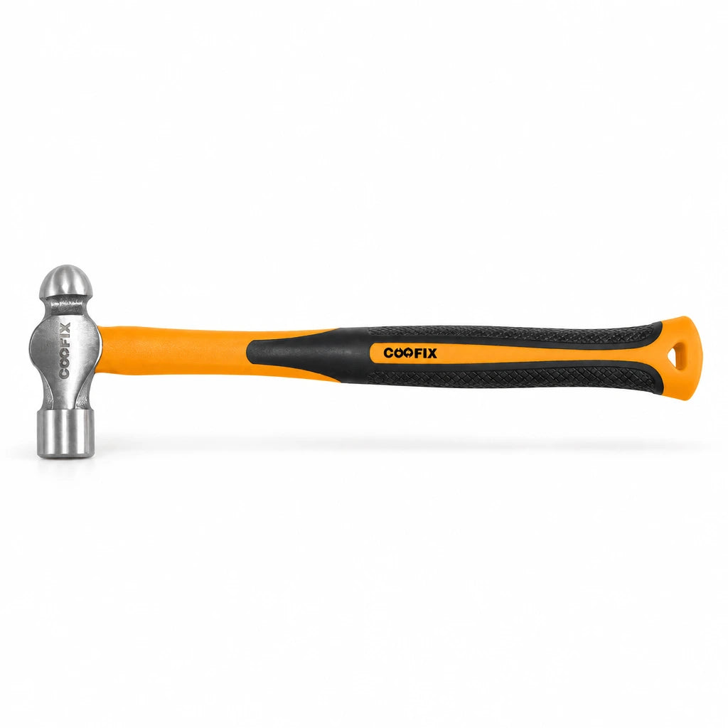 Coofix drop-forged ball-pein hammer with polished steel head and orange fiberglass handle on white background