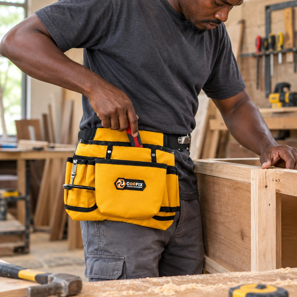 Ghanaian carpenter retrieving a hand tool from a Coofix yellow waist tool bag while assembling a timber cabinet