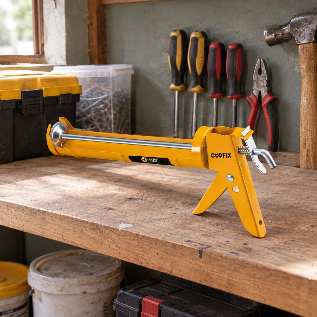Coofix orange cartridge caulking gun resting on a workshop shelf among hand tools