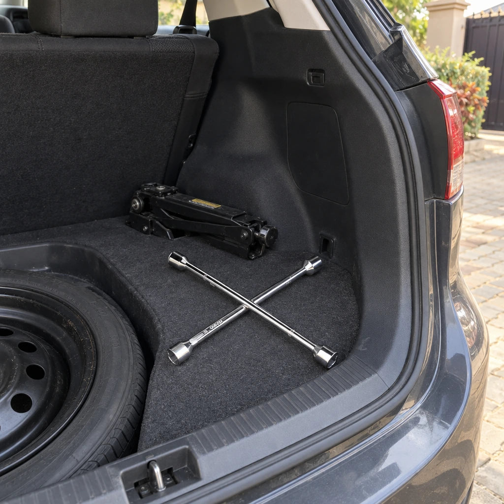 Coofix four-way cross rim wrench resting in a vehicle boot beside the spare wheel