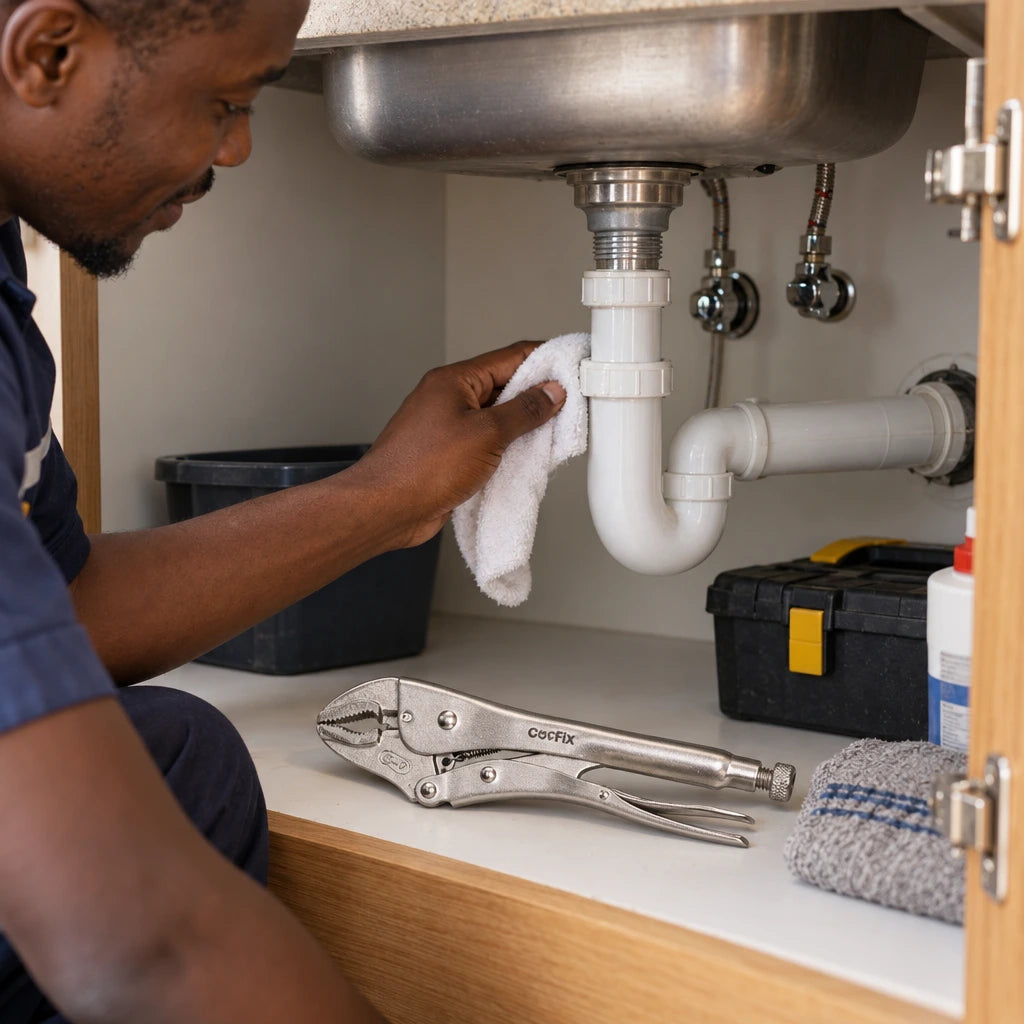 Dry repaired sink plumbing with Coofix curved-jaw locking pliers resting nearby